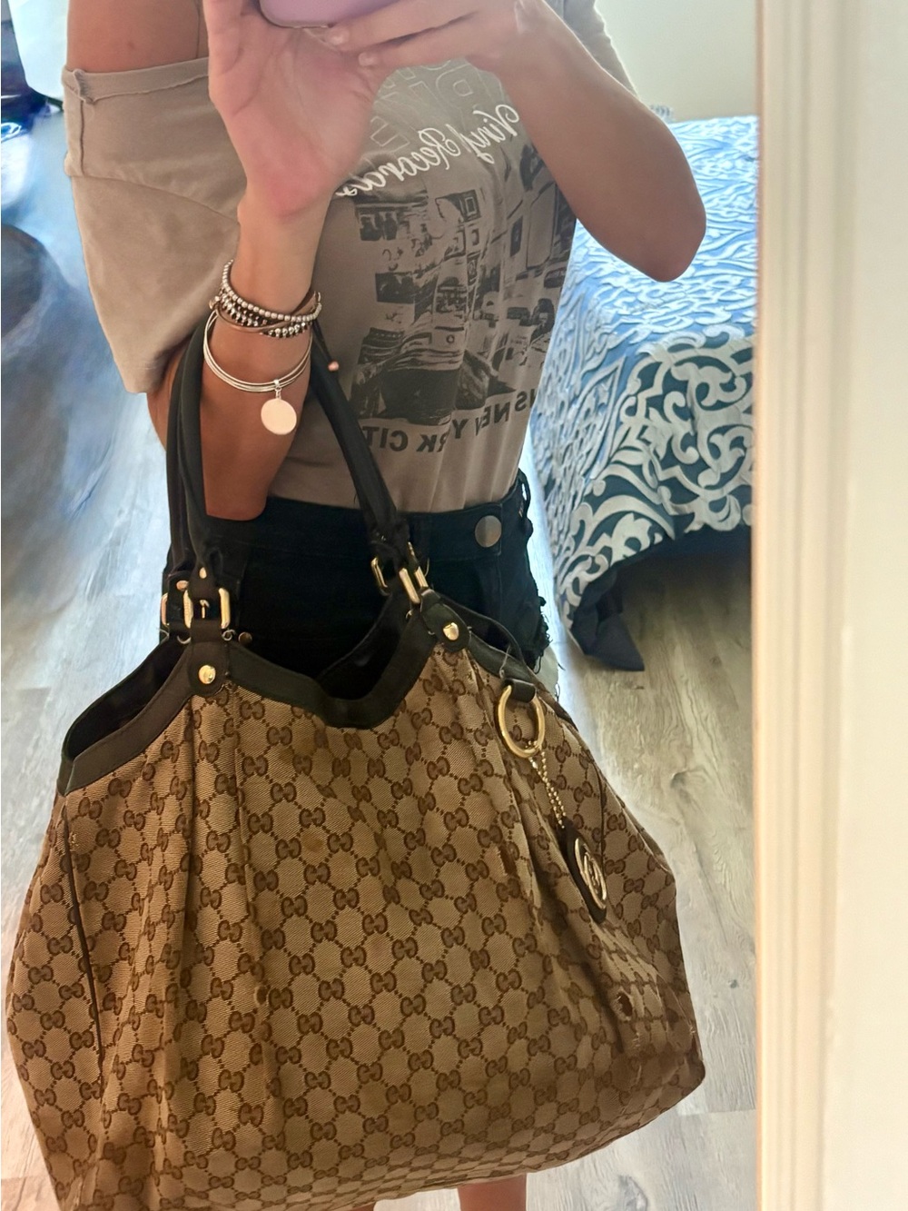 Authentic Gucci Sukey Oversized GG Canvas Tote Black Leather Trim Gold GG Charm